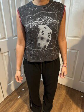 Rolling Stones Upcycled Grey Band Tee with Rhinestones and Pink Glitter Trim